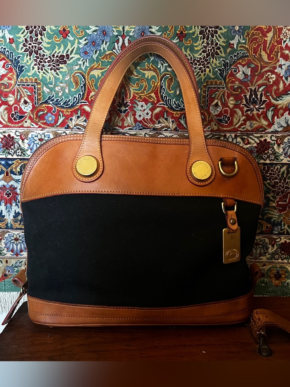 Vintage Dooney & Bourke Navy Canvas Leather Satchel USA Duck Medallion